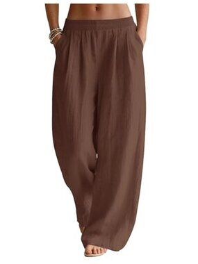 Wide Leg Linen Cotton Palazzo Pants Flowy Beach Summer Elastic Waist Pockets